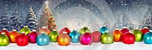 Christmas card with colorful balls baubles tree background banner copyspace copy space decoration winter snow