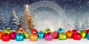 Christmas card with colorful balls baubles tree background copyspace copy space decoration winter panorama snow