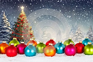 Christmas card with colorful balls baubles tree background copyspace copy space decoration winter snow