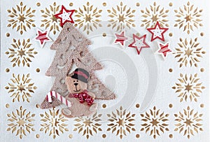 Christmas Card with Copy Space, Decoration made of Little Bear with Tree and Stars