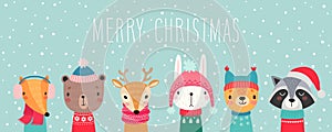 Christmas card with Cute animals. Hand drawn characters. Greeting flyers