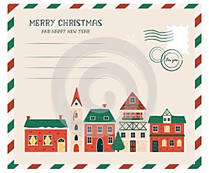 Christmas card with cute buildings and holiday tree. Vector illustration in a modern flat style