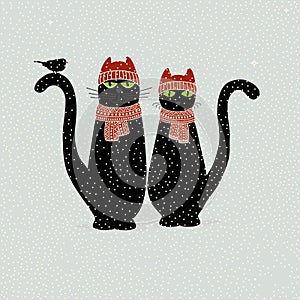 Christmas card with cute cartoon black cats