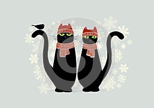 Christmas card with cute cartoon black cats and snowflake