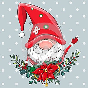 Christmas card Cute Cartoon Gnome with Christmas wreath photo