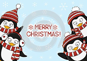 Christmas card with cute cartoon penguins