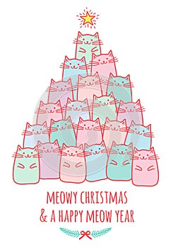 Christmas card with cute cat tree, vector