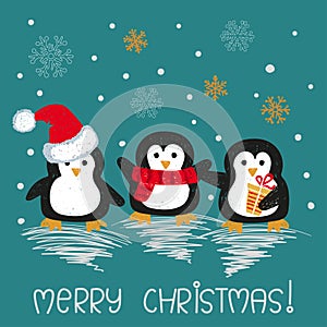 Christmas card with cute doodle penguins.