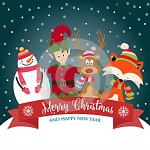 Christmas card with cute elf, snowman, reindeer and squirrel