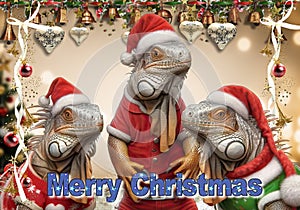 Christmas card with a cute family of Iguanas in Christmas clothes, on a Christmas background