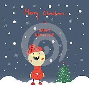 Christmas card with cute funny duck on red sweater,christmas tree on background of snowflakes.hand-drawn vector illustration in