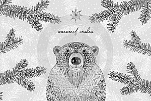 Christmas card with cute furry bear in winter