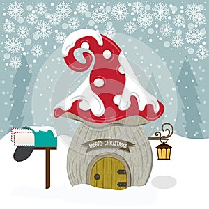 Christmas card with cute gnome house.. Christmas poster. Flat design photo