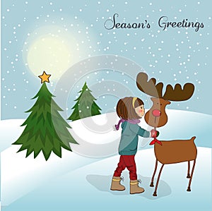 Christmas card with cute little girl caress a rein