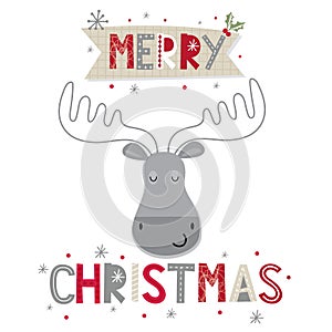 Christmas card with cute moose and Merry Christmas banner