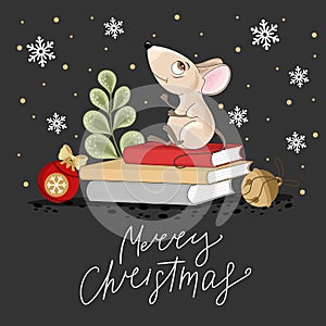 Christmas card with a cute mouse and festive elements.