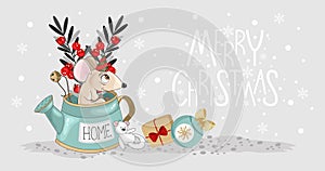 Christmas card with a cute mouse and festive elements.