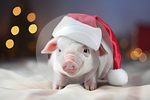 Christmas card with cute newborn santa pig piglet. Holidays, winter and celebration concept