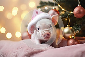 Christmas card with cute newborn santa pig piglet. Holidays, winter and celebration concept