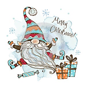 Christmas card with cute Nordic gnome with gifts. Watercolors and graphics. Doodle style