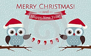 Christmas card with cute owls and a garland. Vector illustration