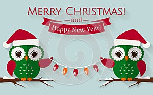 Christmas card with cute owls and a garland. Vector illustration
