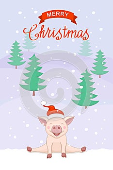 Christmas card with cute piggy on the winter landscape