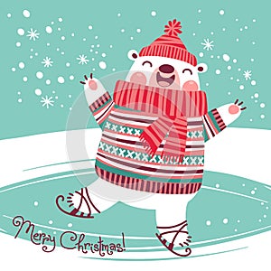 Christmas card with cute polar bear on an ice rink