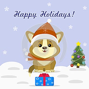 Christmas card with cute puppy corgi
