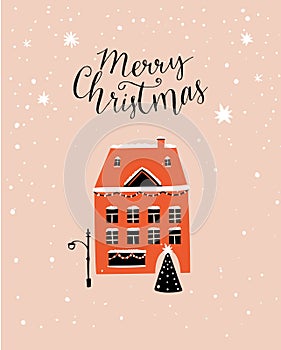 Christmas card, cute red house with decorated Christmas tree, falling snow. Modern flat vector greeting illustration