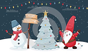 Christmas card with cute smiling gnome with a garland and a snowman with a Merry Christmas sign decorate a Christmas tree. Color