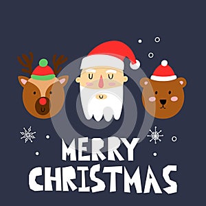 Christmas card. Cute xmas portraits, Canta Claus, Rudolf deer and winter bear, funny decor faces, postcard, print or poster,