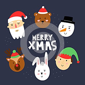 Christmas card. Cute xmas portraits, Canta Claus and snowman, Rudolf deer and elf, winter bear and rabbit, funny decor faces,