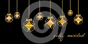 Christmas card decorated with silver ball, and golden `Merry Christmas` congratulations, on black background. Spanish language
