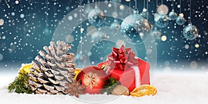 Christmas card decoration time with baubles balls gift present panorama and copyspace copy space