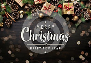 Christmas card with decorations, gifts, pine cones on dark wooden background. Merry Xmas wishes. Happy New Year greetings.