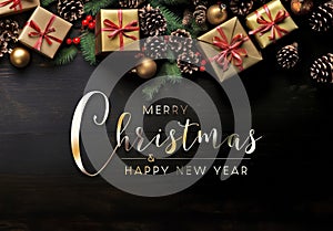 Christmas card with decorations, gifts, pine cones on dark wooden background. Merry Xmas wishes. Happy New Year greetings.