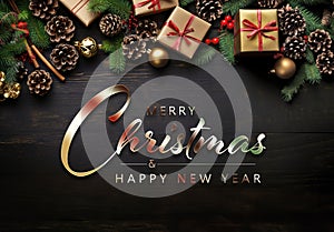Christmas card with decorations, gifts, pine cones on dark wooden background. Merry Xmas wishes. Happy New Year greetings.