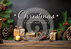 Christmas card with decorations, gifts, pine cÃ´nes, tree branches on wooden surface. Merry Xmas wishes. Happy New Year.