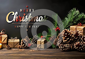 Christmas card with decorations, gifts, pine cÃ´nes, tree branches on wooden surface. Merry Xmas wishes. Happy New Year.