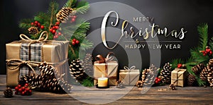 Christmas card with decorations, gifts, pine cÃ´nes, tree branches on wooden surface. Merry Xmas wishes. Happy New Year.