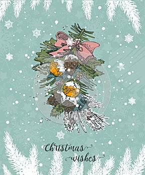 Christmas card with decorations in the vintage hand drawn style. Cute snowflakes and pine tree branches under the snow.