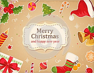 Christmas card with decorrations and greetings