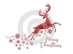 Christmas card with deer.Red jumping Reindeer Stag stencil drawing with snowflakes.