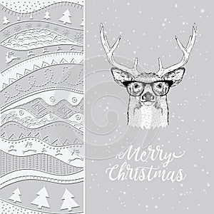 Christmas card with deer in winter hat. Christmas hand-drawn ethno pattern, tribal background. Vector illustration