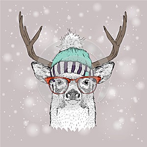 Christmas card with deer in winter hat. Merry Christmas lettering design. Vector illustration