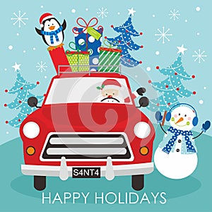 Christmas card design with car, santa, snowman, penguin, gifts and tree