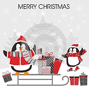 Christmas card design with cute penguins, gifts and sleigh