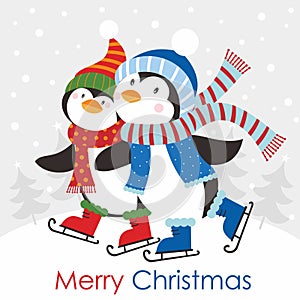 Christmas card design with cute penguins on the skate board