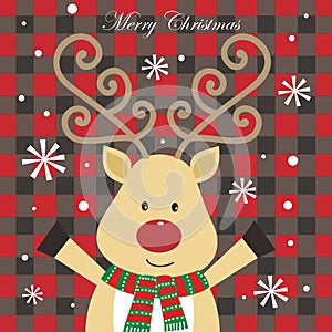 Christmas card design with cute reindeer and buffalo plaid